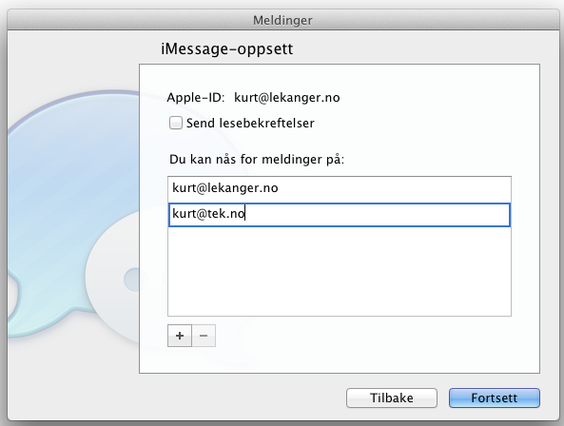 Under installasjonen får du mulighet til å legge inn flere e-postadresser som du vil andre skal kunne bruke for å nå deg via Meldinger-programmet.